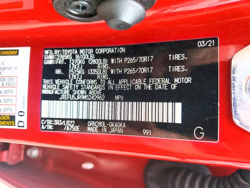 2021 Toyota 4runner მანქანა იყიდება აუქციონზე, vin: JTEFU5JR9M5242962, აუქციონის ნომერი: 46690236