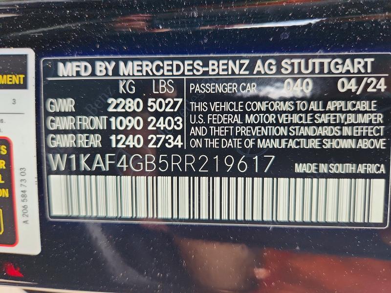 48078906 :رقم المزاد ، W1KAF4GB5RR219617 vin ، 2024 Mercedes-benz C مزاد بيع