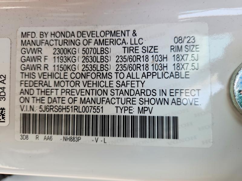 2024 Honda Cr-v მანქანა იყიდება აუქციონზე, vin: 5J6RS6H51RL007551, აუქციონის ნომერი: 47509576