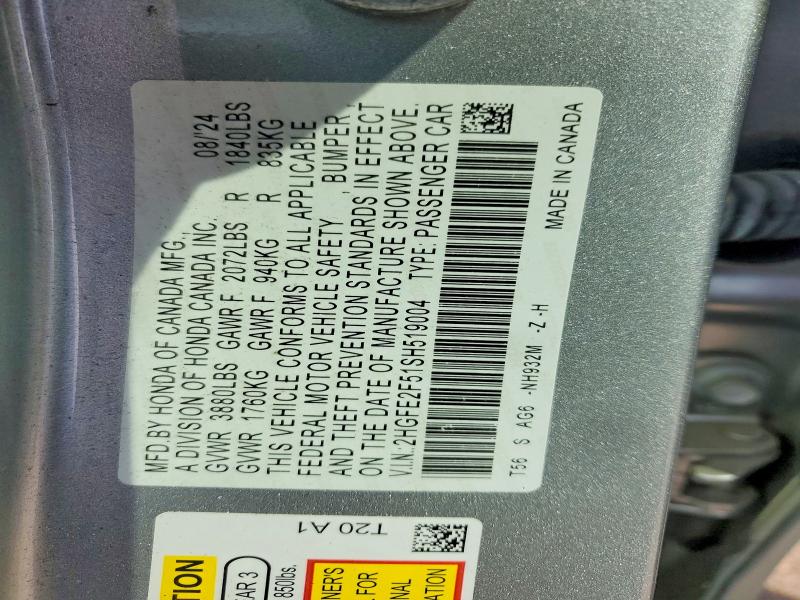 Aukcja sprzedaży 2025 Honda Civic, vin: 2HGFE2F51SH519004, numer aukcji: 47630826