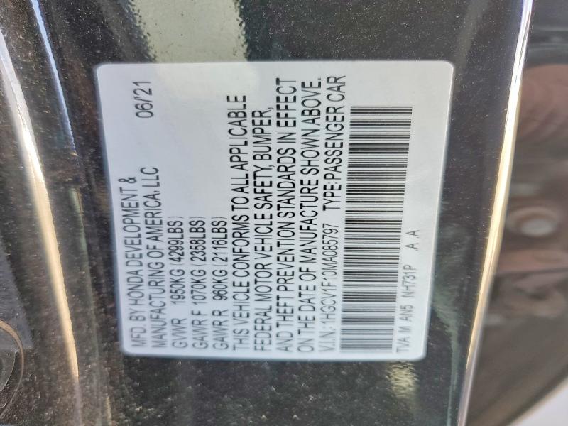 Aukcja sprzedaży 2021 Honda Accord, vin: 1HGCV1F10MA085797, numer aukcji: 79781035