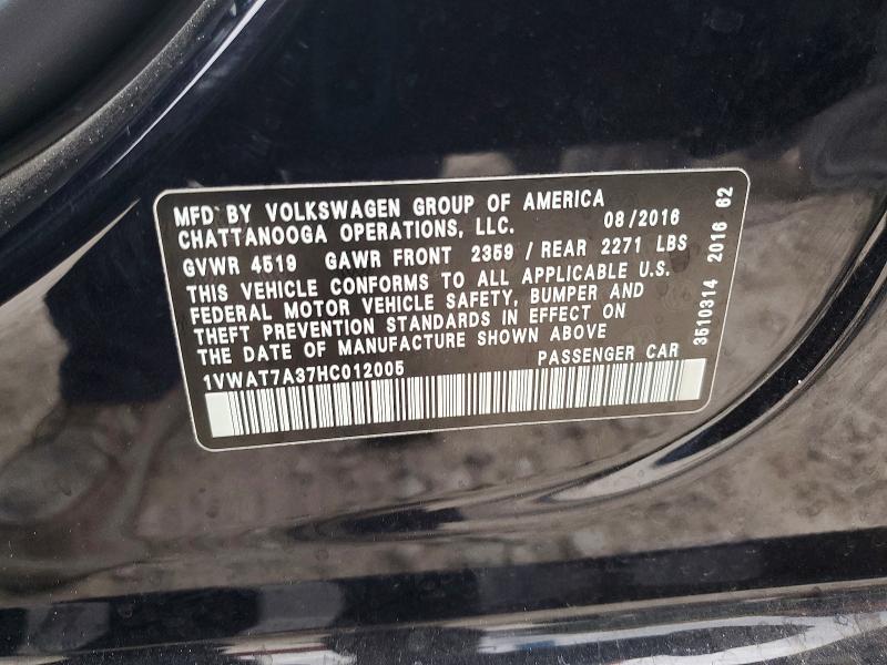 47506956 :رقم المزاد ، 1VWAT7A37HC012005 vin ، 2017 Volkswagen Passat مزاد بيع
