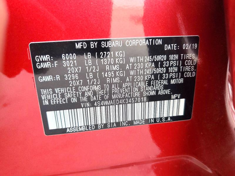 47473506 :رقم المزاد ، 4S4WMAED4K3457018 vin ، 2019 Subaru Ascent مزاد بيع
