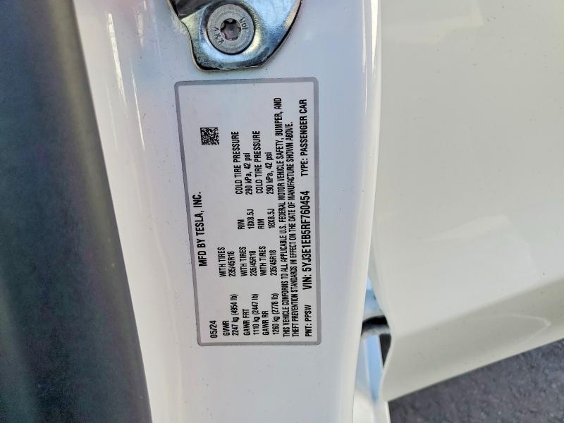 45628776 :رقم المزاد ، 5YJ3E1EB5RF760454 vin ، 2024 Tesla Model 3 مزاد بيع