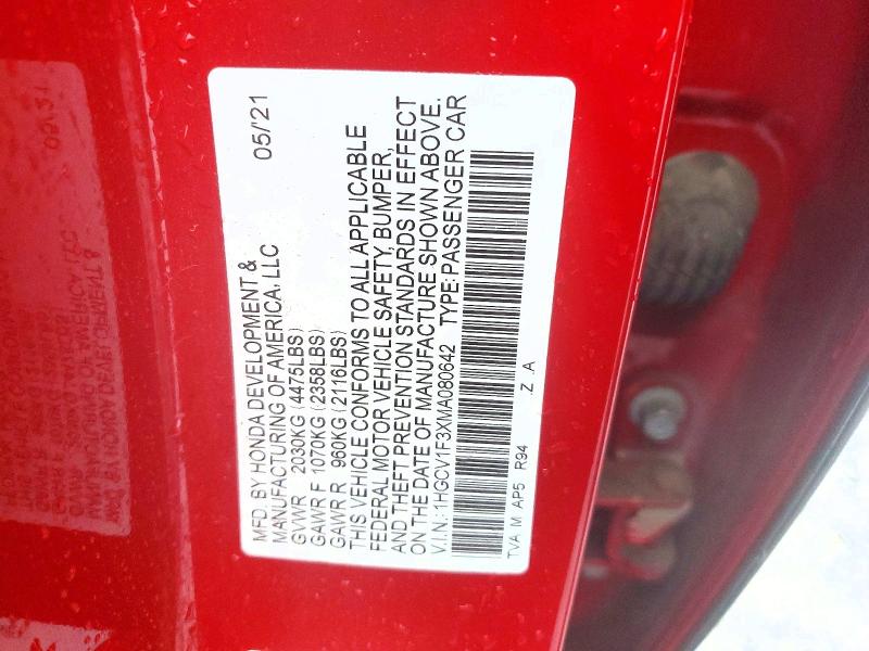 Продажа на аукционе авто 2021 Honda Accord, vin: 1HGCV1F3XMA080642, номер лота: 45932946