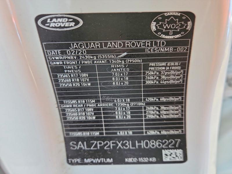 46947436 :رقم المزاد ، SALZP2FX3LH086227 vin ، 2020 Land Rover Range Rover Evoque مزاد بيع