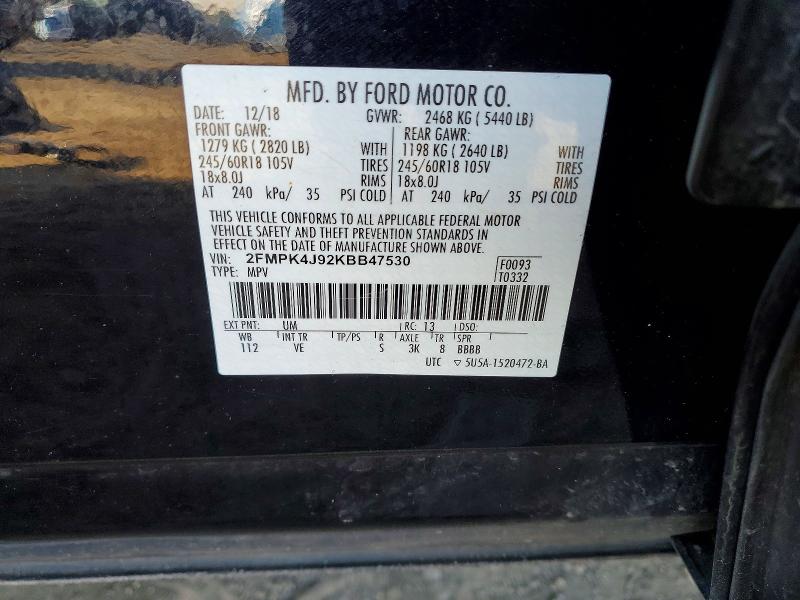 2019 Ford Edge მანქანა იყიდება აუქციონზე, vin: 2FMPK4J92KBB47530, აუქციონის ნომერი: 46891776