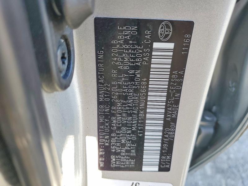 2022 Toyota Camry მანქანა იყიდება აუქციონზე, vin: 4T1T11BK1NU056684, აუქციონის ნომერი: 46266756