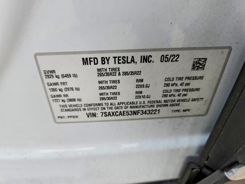 Aukcja sprzedaży 2022 Tesla Model X, vin: 7SAXCAE53NF343221, numer aukcji: 78699215