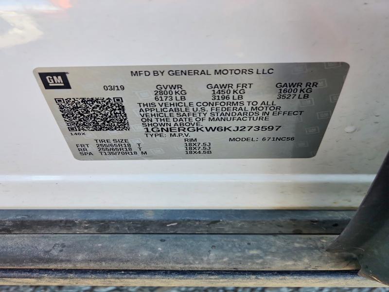 47934016 :رقم المزاد ، 1GNERGKW6KJ273597 vin ، 2019 Chevrolet Traverse مزاد بيع