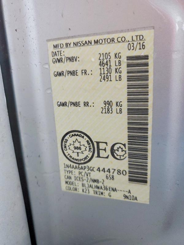 46561846 :رقم المزاد ، 1N4AA6AP3GC444780 vin ، 2016 Nissan Maxima مزاد بيع