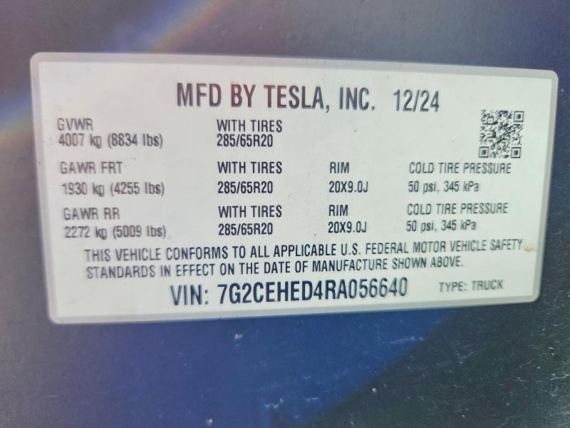 2024 Tesla Cybertruck მანქანა იყიდება აუქციონზე, vin: 7G2CEHED4RA056640, აუქციონის ნომერი: 46029106