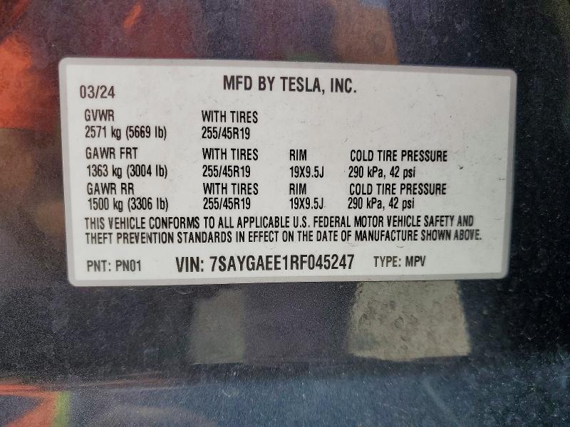 48250396 :رقم المزاد ، 7SAYGAEE1RF045247 vin ، 2024 Tesla Model Y مزاد بيع