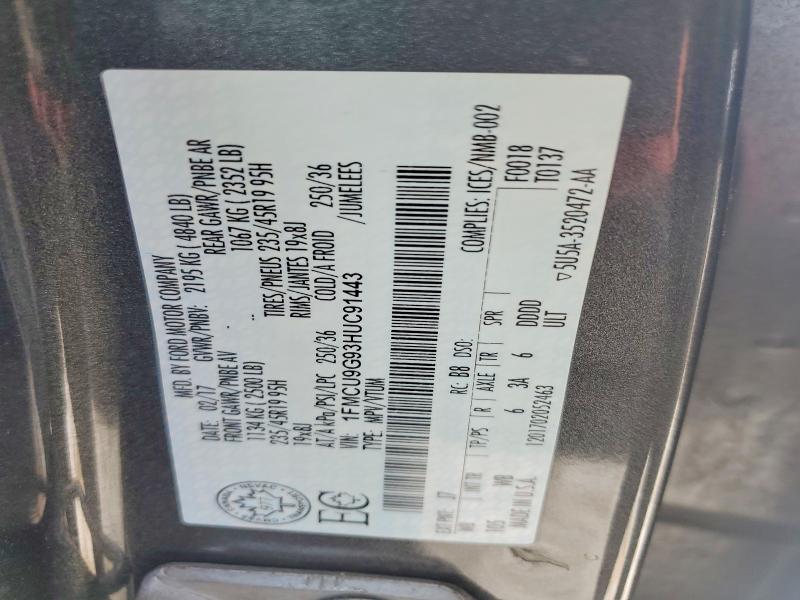 41921626 :رقم المزاد ، 1FMCU9G93HUC91443 vin ، 2017 Ford Escape مزاد بيع