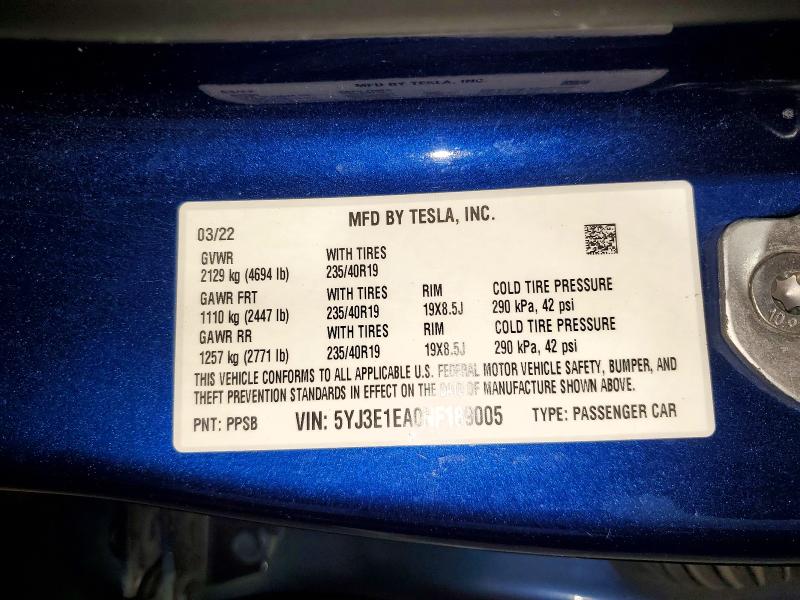 2022 Tesla Model 3 მანქანა იყიდება აუქციონზე, vin: 5YJ3E1EA0NF189005, აუქციონის ნომერი: 47600066