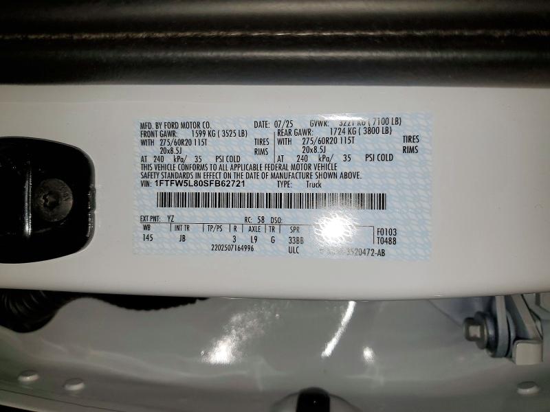 46327436 :رقم المزاد ، 1FTFW5L80SFB62721 vin ، 2025 Ford F150 مزاد بيع