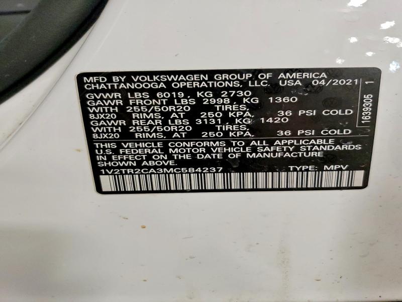 Aukcja sprzedaży 2021 Volkswagen Atlas, vin: 1V2TR2CA3MC584237, numer aukcji: 45638506