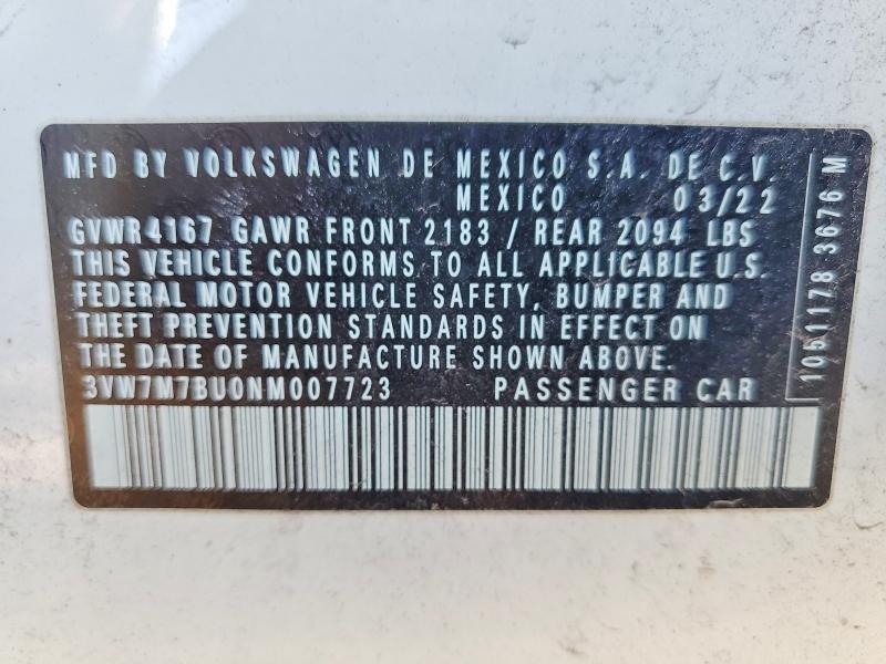 Продаж на аукціоні авто 2022 Volkswagen Jetta, vin: 3VW7M7BU0NM007723, номер лоту: 46936056