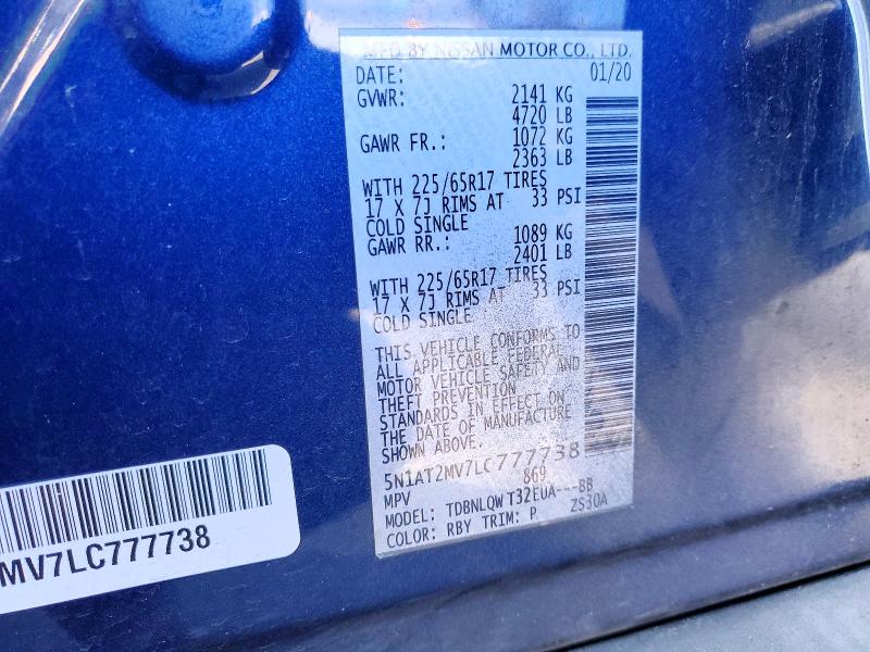 2020 Nissan Rogue მანქანა იყიდება აუქციონზე, vin: 5N1AT2MV7LC777738, აუქციონის ნომერი: 48069196