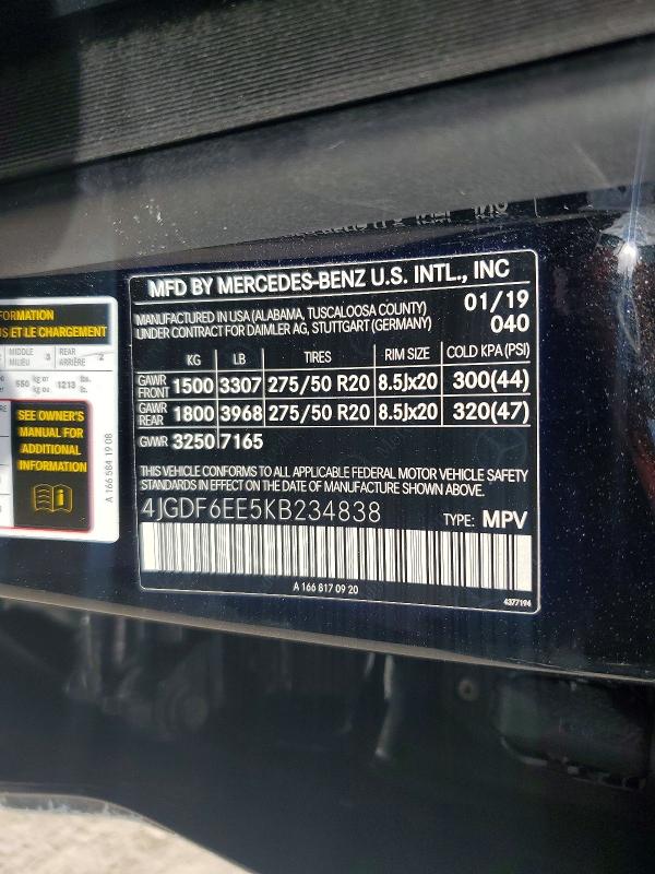 79986865 :رقم المزاد ، 4JGDF6EE5KB234838 vin ، 2019 Mercedes-benz Gls مزاد بيع