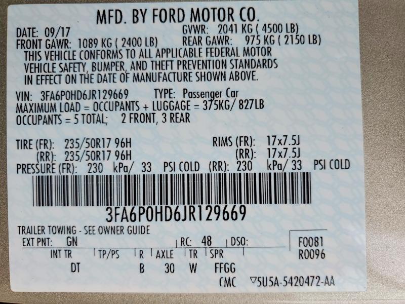 Продаж на аукціоні авто 2018 Ford Fusion, vin: 3FA6P0HD6JR129669, номер лоту: 47708816