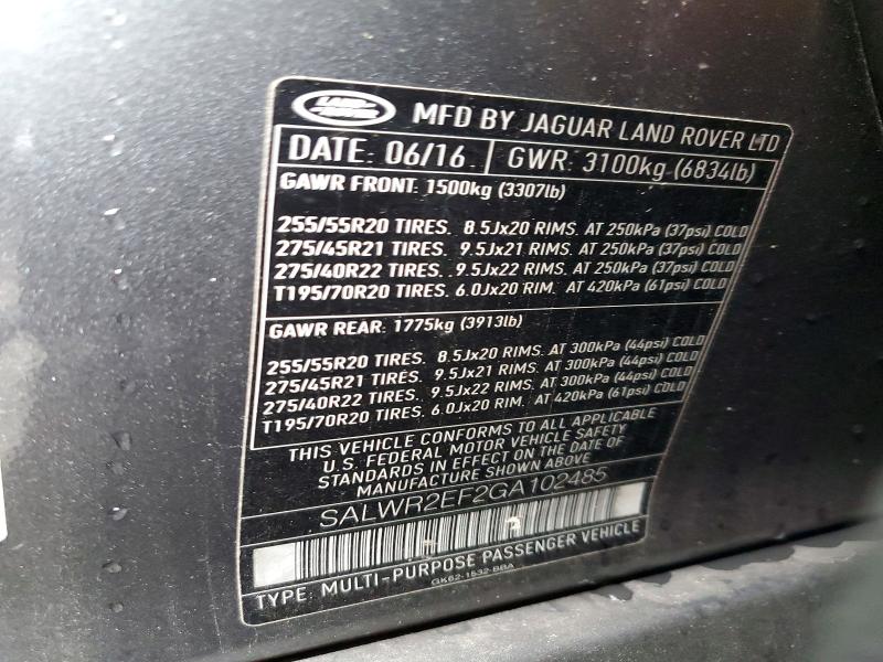 79009685 :رقم المزاد ، SALWR2EF2GA102485 vin ، 2016 Land Rover Range Rover Sport مزاد بيع