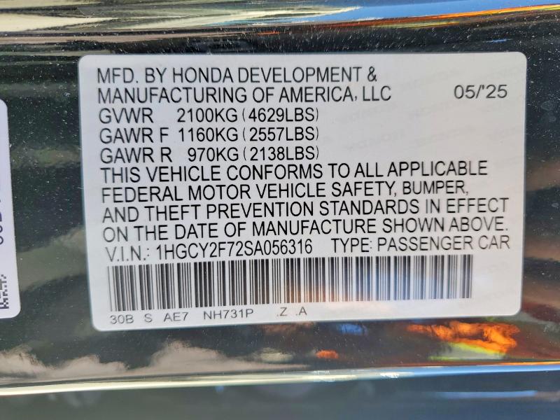 2025 Honda Accord მანქანა იყიდება აუქციონზე, vin: 1HGCY2F72SA056316, აუქციონის ნომერი: 47424806