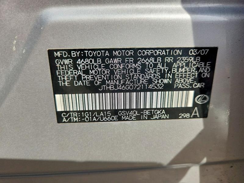 Aukcja sprzedaży 2007 Lexus Es 350, vin: JTHBJ46G072114532, numer aukcji: 46188856