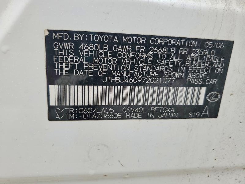 Продажа на аукционе авто 2007 Lexus Es 350, vin: JTHBJ46G972021377, номер лота: 79463145