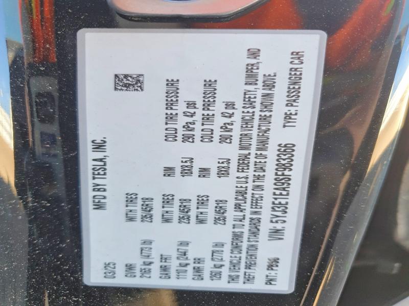 46725486 :رقم المزاد ، 5YJ3E1EA9SF983366 vin ، 2025 Tesla Model 3 مزاد بيع
