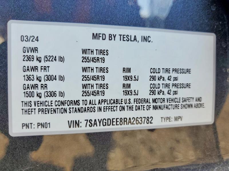 47472946 :رقم المزاد ، 7SAYGDEE8RA263782 vin ، 2024 Tesla Model Y مزاد بيع