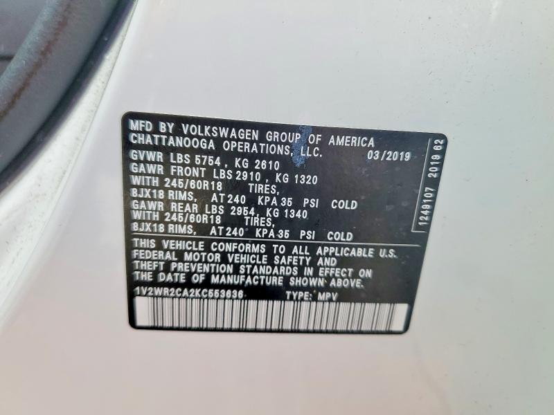 2019 Volkswagen Atlas მანქანა იყიდება აუქციონზე, vin: 1V2WR2CA2KC553636, აუქციონის ნომერი: 46189106