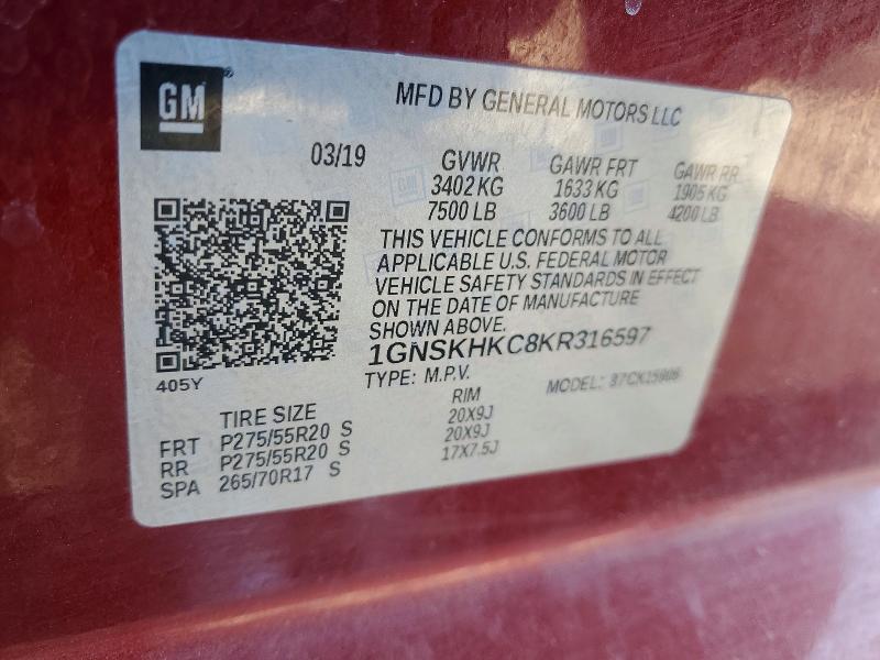 47135416 :رقم المزاد ، 1GNSKHKC8KR316597 vin ، 2019 Chevrolet Suburban مزاد بيع
