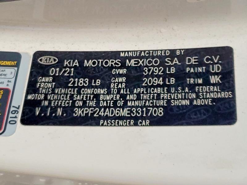 2021 Kia Forte მანქანა იყიდება აუქციონზე, vin: 3KPF24AD6ME331708, აუქციონის ნომერი: 46642076
