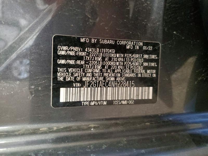 46583296 :رقم المزاد ، JF2GTAEC4NH228415 vin ، 2022 Subaru Crosstrek مزاد بيع