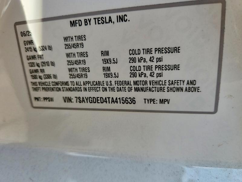 46437366 :رقم المزاد ، 7SAYGDED4TA415636 vin ، 2026 Tesla Model Y مزاد بيع