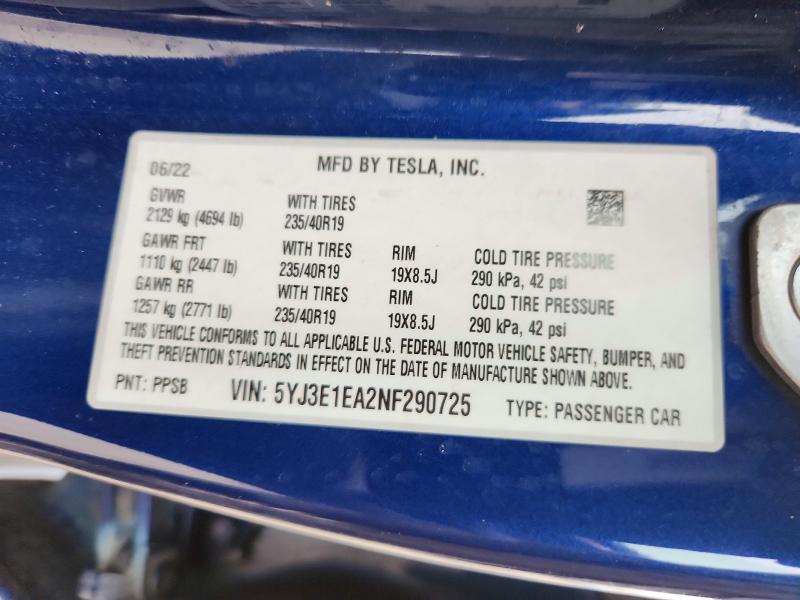 41601466 :رقم المزاد ، 5YJ3E1EA2NF290725 vin ، 2022 Tesla Model 3 مزاد بيع