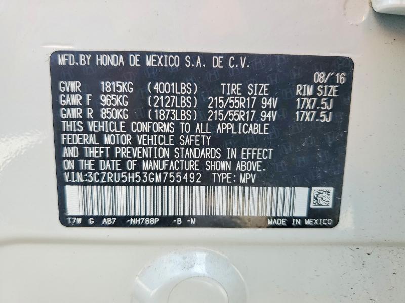 Продажа на аукционе авто 2016 Honda Hr-v, vin: 3CZRU5H53GM755492, номер лота: 47808706