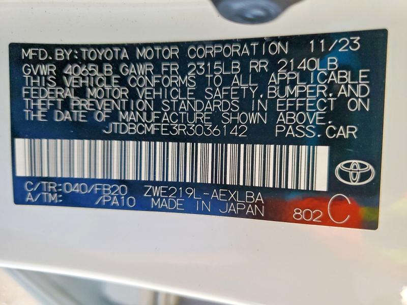 2024 Toyota Corolla Hybrid მანქანა იყიდება აუქციონზე, vin: JTDBCMFE3R3036142, აუქციონის ნომერი: 42067176