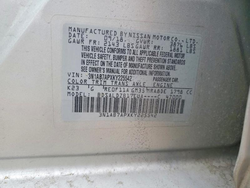 Aukcja sprzedaży 2019 Nissan Sentra, vin: 3N1AB7APXKY225542, numer aukcji: 45600436