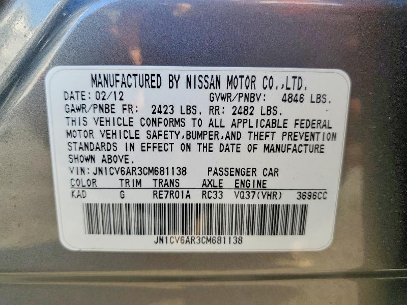 45692426 :رقم المزاد ، JN1CV6AR3CM681138 vin ، 2012 Infiniti G37 Sedan مزاد بيع