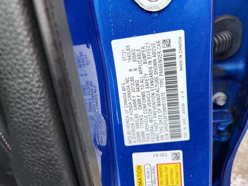 2022 Honda Civic მანქანა იყიდება აუქციონზე, vin: 2HGFE2F53NH513015, აუქციონის ნომერი: 79296575