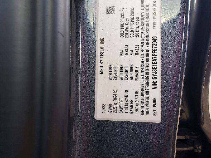 2023 Tesla Model 3 მანქანა იყიდება აუქციონზე, vin: 5YJ3E1EA7PF673949, აუქციონის ნომერი: 79843655