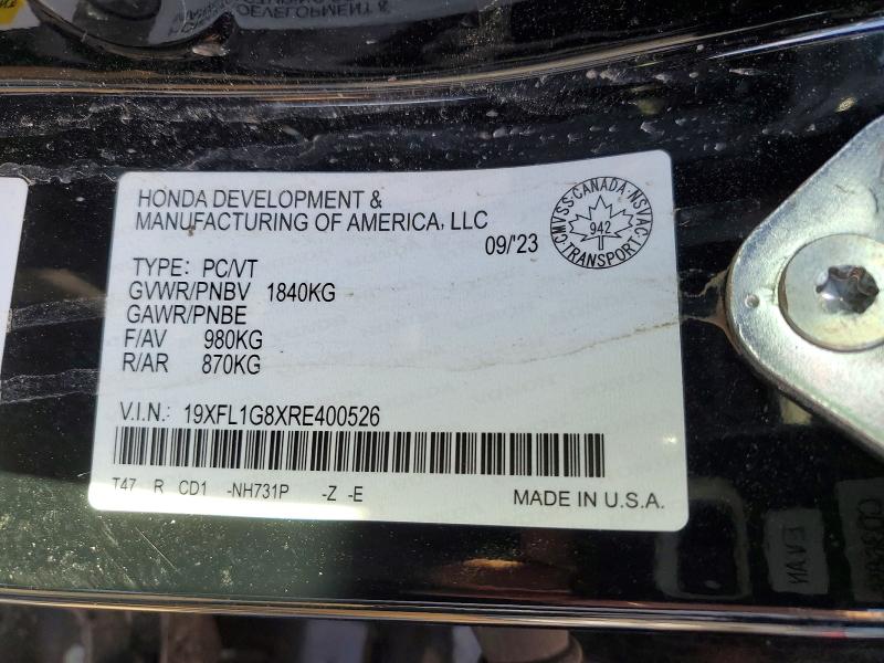 46502976 :رقم المزاد ، 19XFL1G8XRE400526 vin ، 2024 Honda Civic مزاد بيع