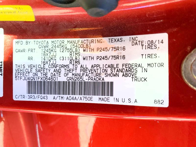 Продажа на аукционе авто 2015 Toyota Tacoma, vin: 5TFJU4GN1FX064601, номер лота: 46026116