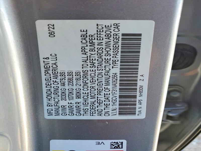 Aukcja sprzedaży 2022 Honda Accord, vin: 1HGCV1F31NA062564, numer aukcji: 45975476