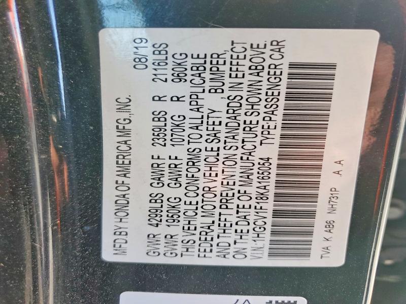 79938225 :رقم المزاد ، 1HGCV1F18KA165054 vin ، 2019 Honda Accord مزاد بيع
