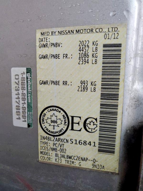 47696006 :رقم المزاد ، 1N4BL2APXCN516841 vin ، 2012 Nissan Altima مزاد بيع