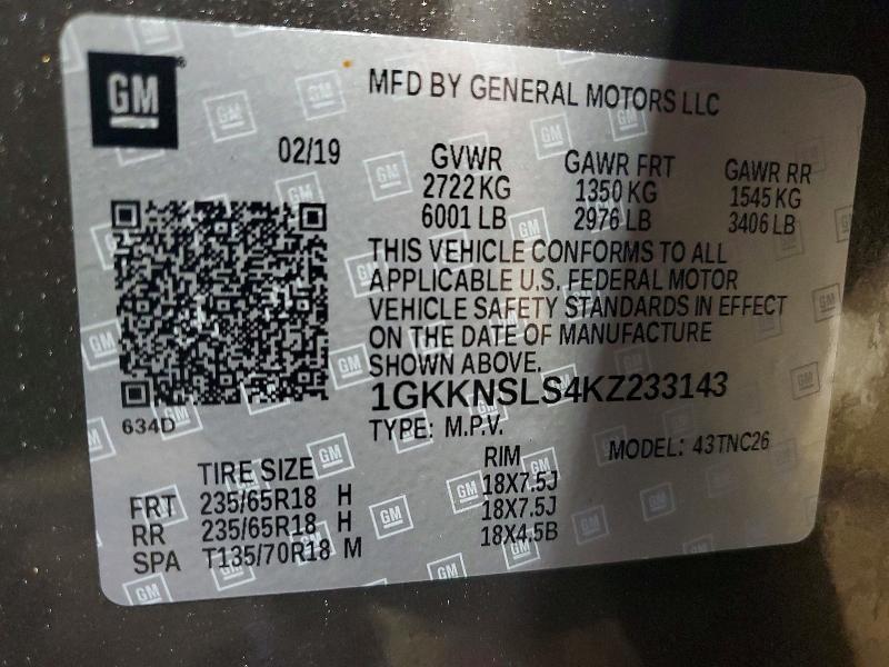 47716386 :رقم المزاد ، 1GKKNSLS4KZ233143 vin ، 2019 Gmc Acadia مزاد بيع