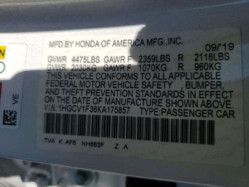 47999926 :رقم المزاد ، 1HGCV1F36KA175857 vin ، 2019 Honda Accord مزاد بيع